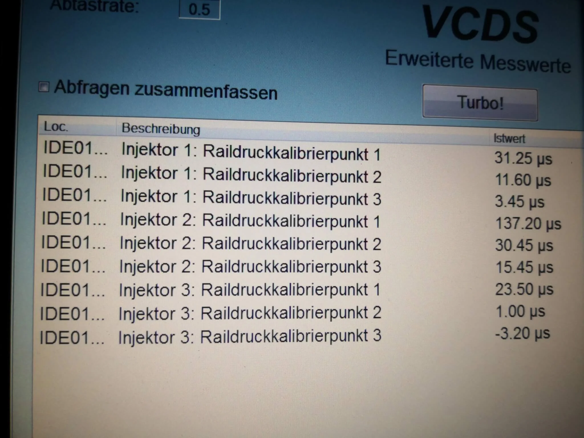 Injektor Messwerte 3.0TDI AGR Ventil Fehler VCDS Reparatur