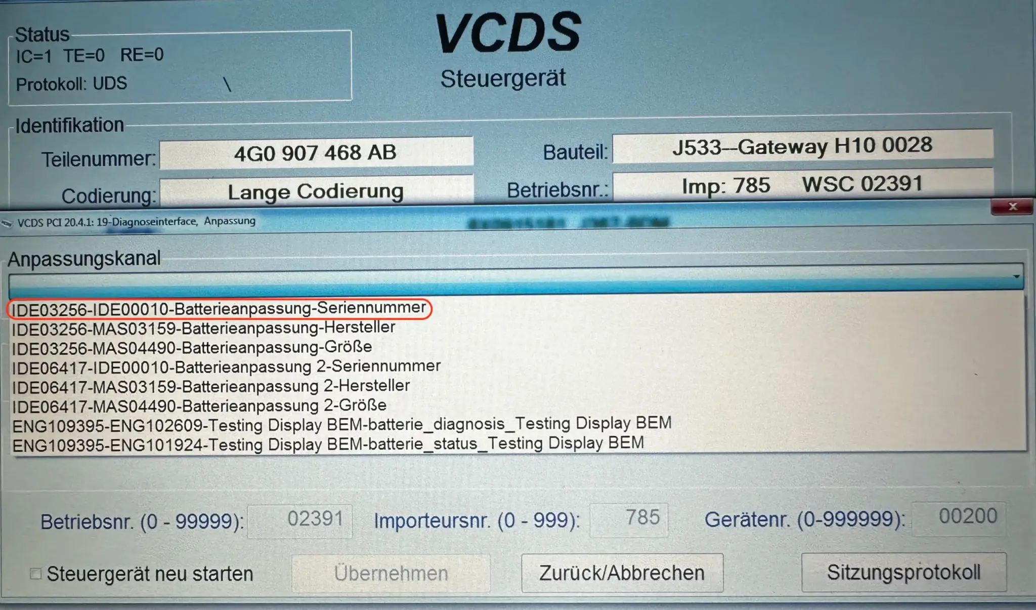 VCDS Codierung Batterie
